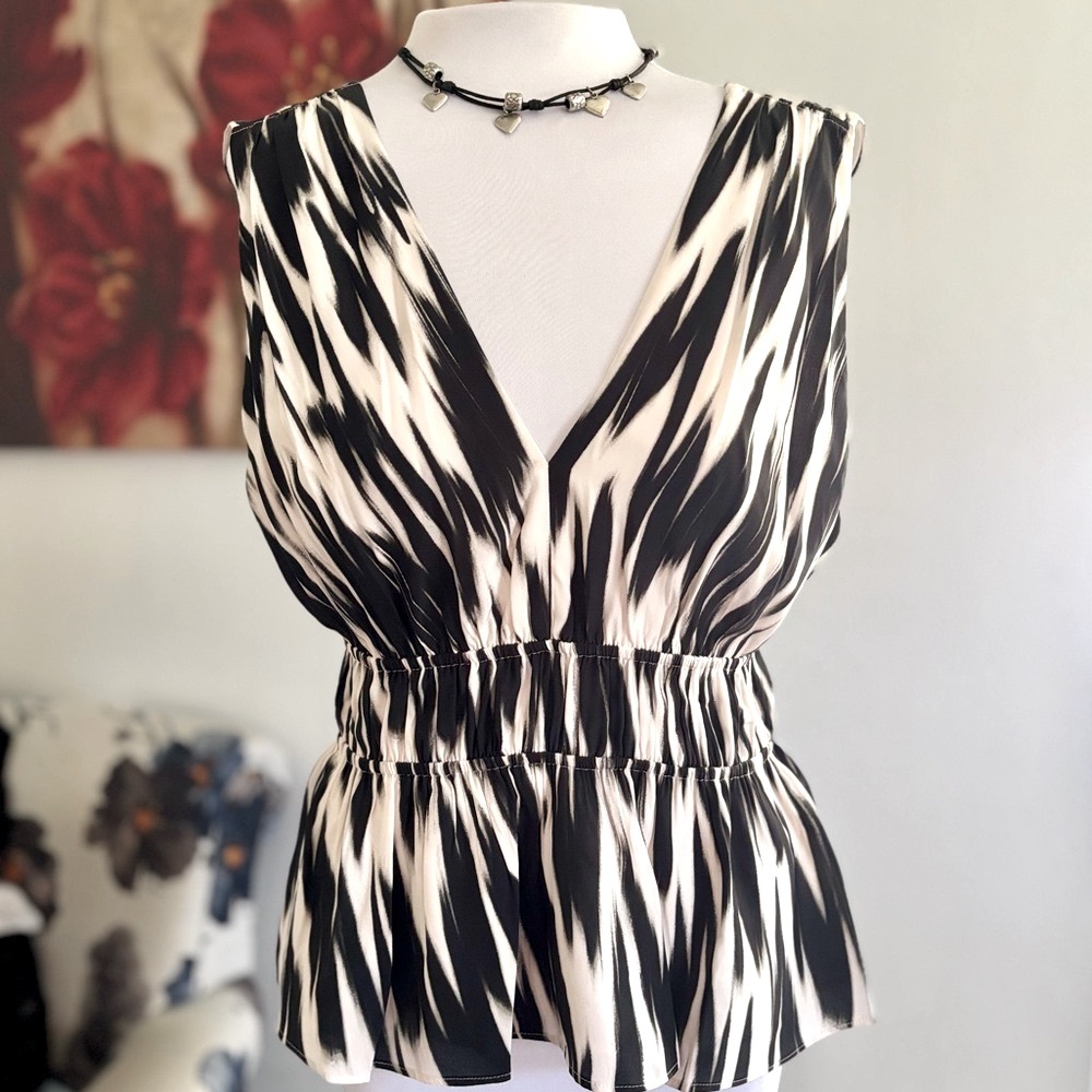 NWT Banana Republic Silk Cascade Top Peplum Hem Black and White Stripes Size S